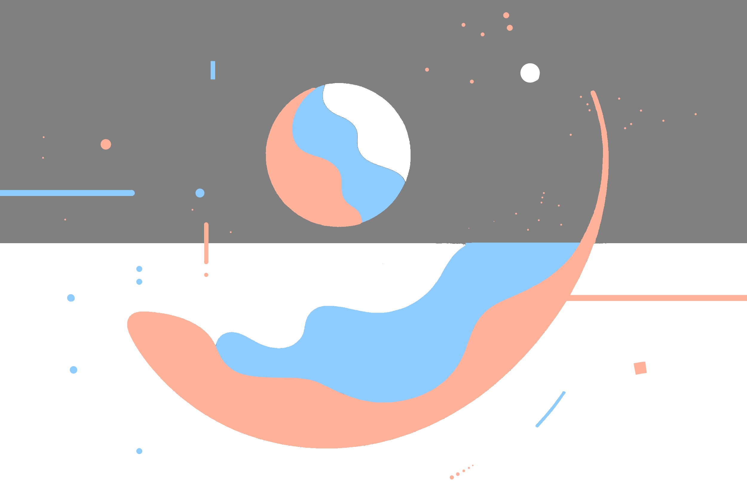 A gray upper half evokes uncertainty and potential harm from mental health campaigns, with pink signaling subtle warnings or false alarms in self-perception. Blue elements provide rational balance, symbolizing nocebo education as a stabilizing force. The downward curve flows into a white base, representing fragile clarity or baseline normality, where a fragmented circle depicts distorted diagnostic cycles-misattributing normal fluctuations as symptoms. Scattered dots and lines mimic fleeting thoughts or ADHD-like distractions amplified by expectations.